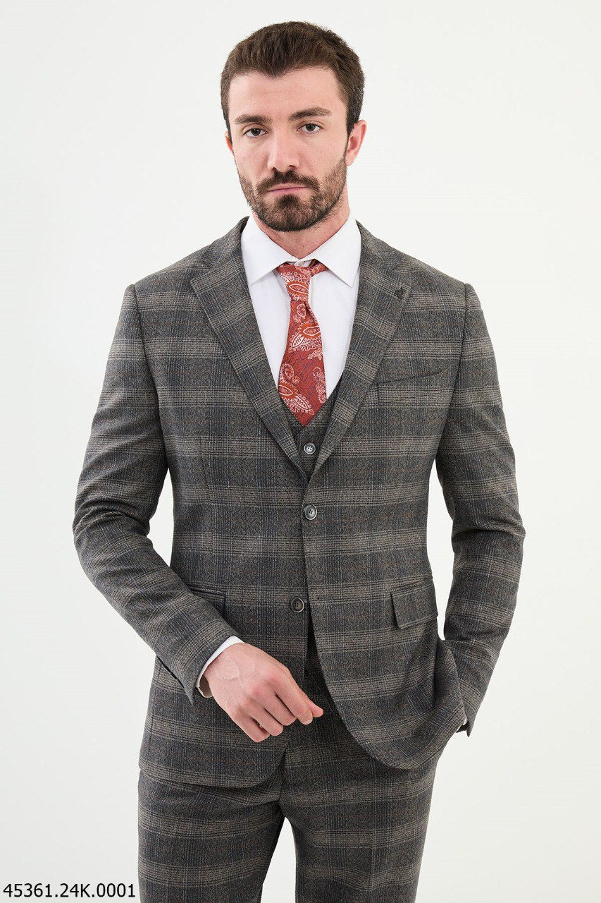 Bojoni Belmonte Dark Beige Plaid  Slim Fit Suit