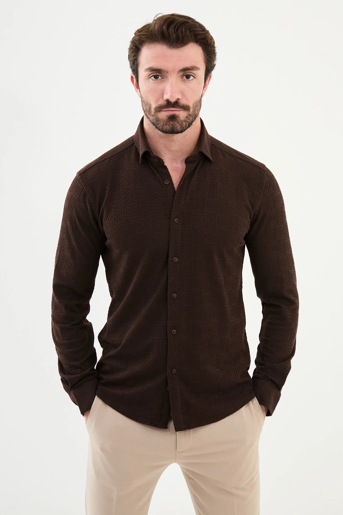 Bojoni Capena Long Sleeve Slim Fit Brown Shirt