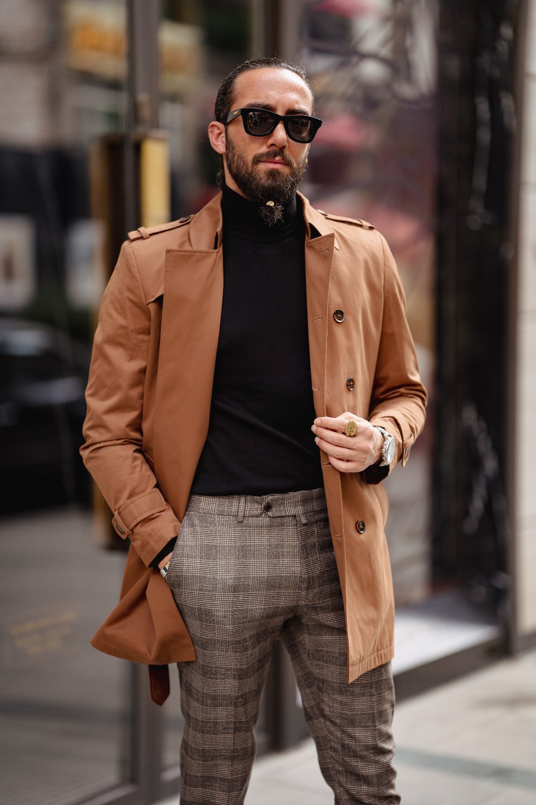 Bojoni Milford Camel Slim Fit Double Breasted Long Coat