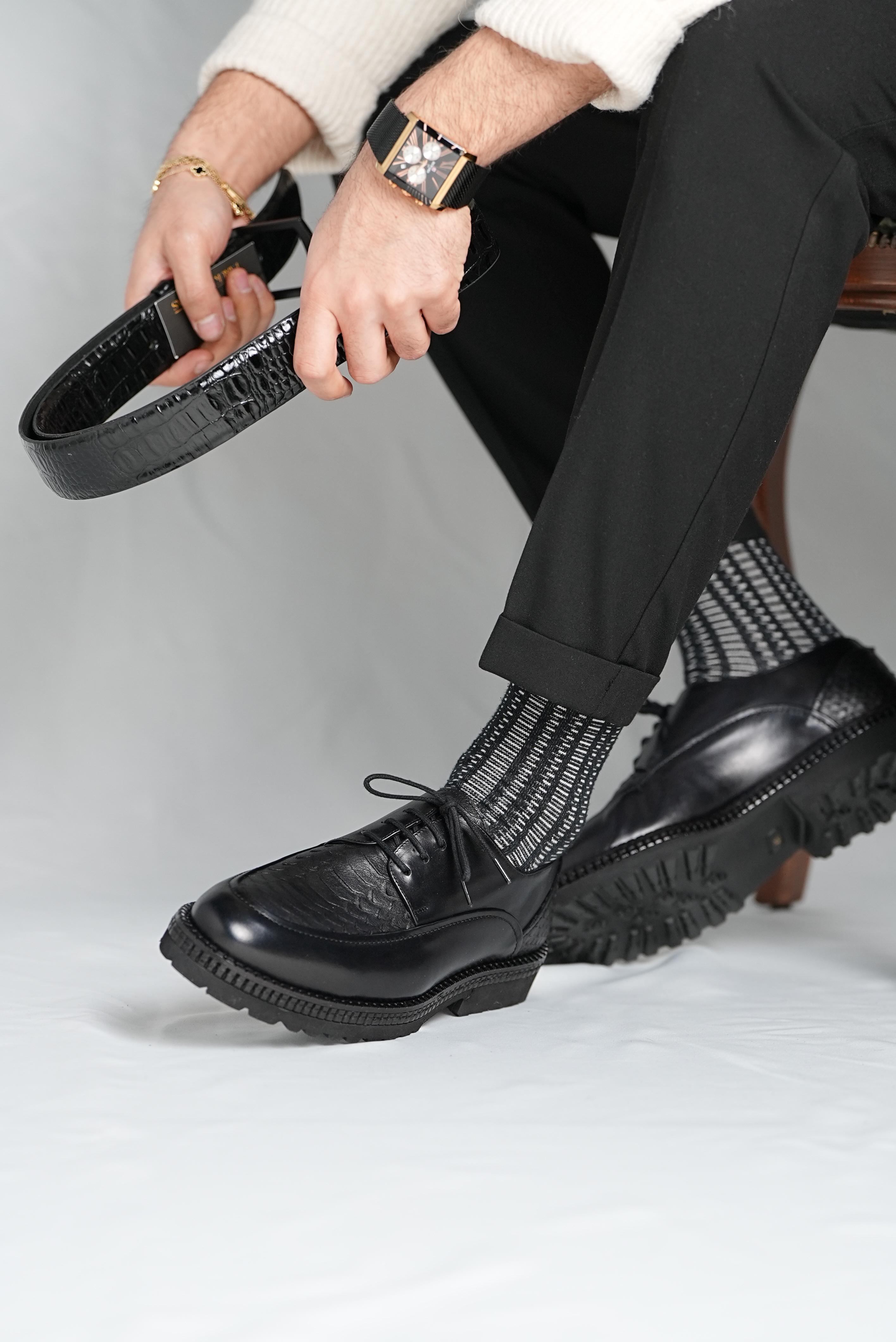 Bojoni Pineto Black Leather Croco Pattern Shoes