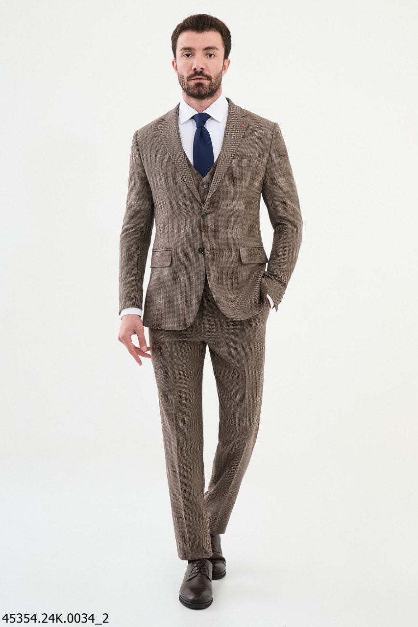 Bojoni Belmonte Brown Patterned Slim Fit Suit