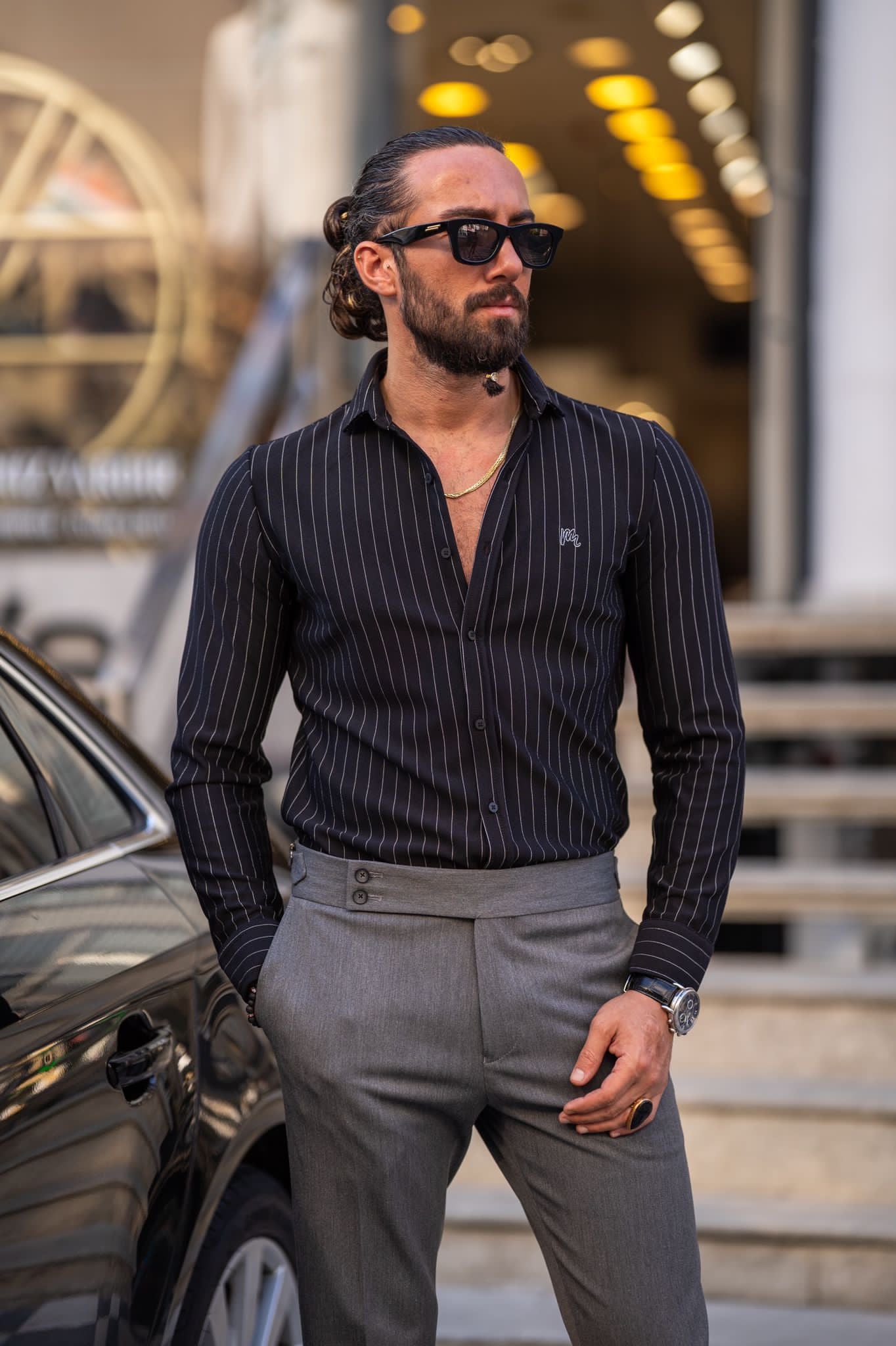 Bojoni Milford Black Slim Fit Pinstripe Cotton Shirt