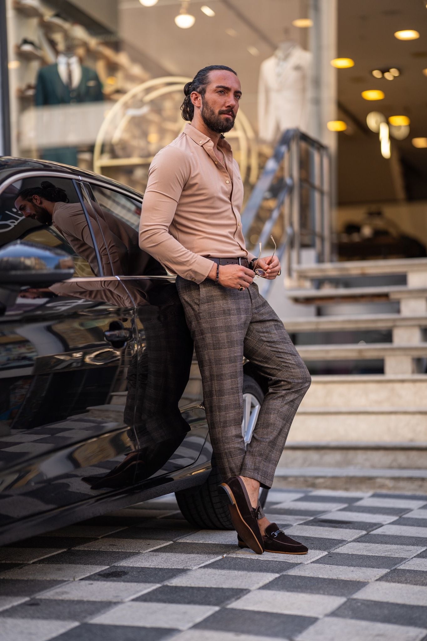 Bojoni Milford Beige Slim Fit Textured Cotton Shirt