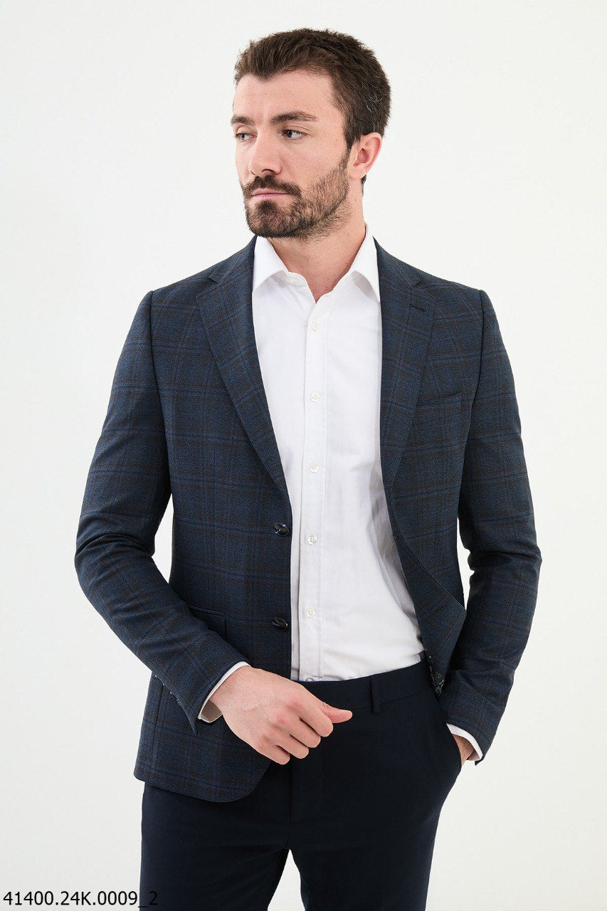 Bojoni Belmonte Slim Fit  Navy Blue Plaid  Blazer