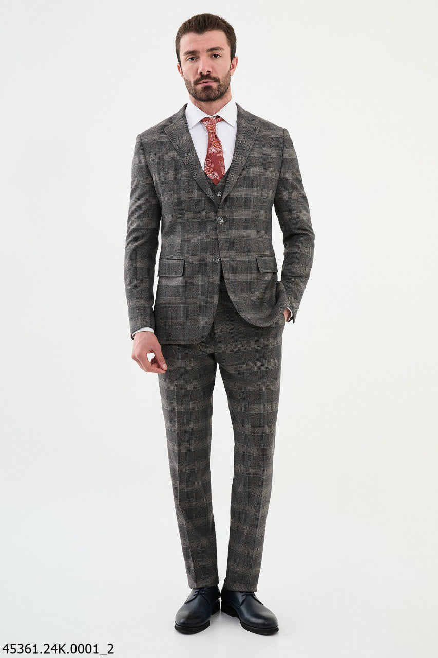 Bojoni Belmonte Dark Beige Plaid  Slim Fit Suit