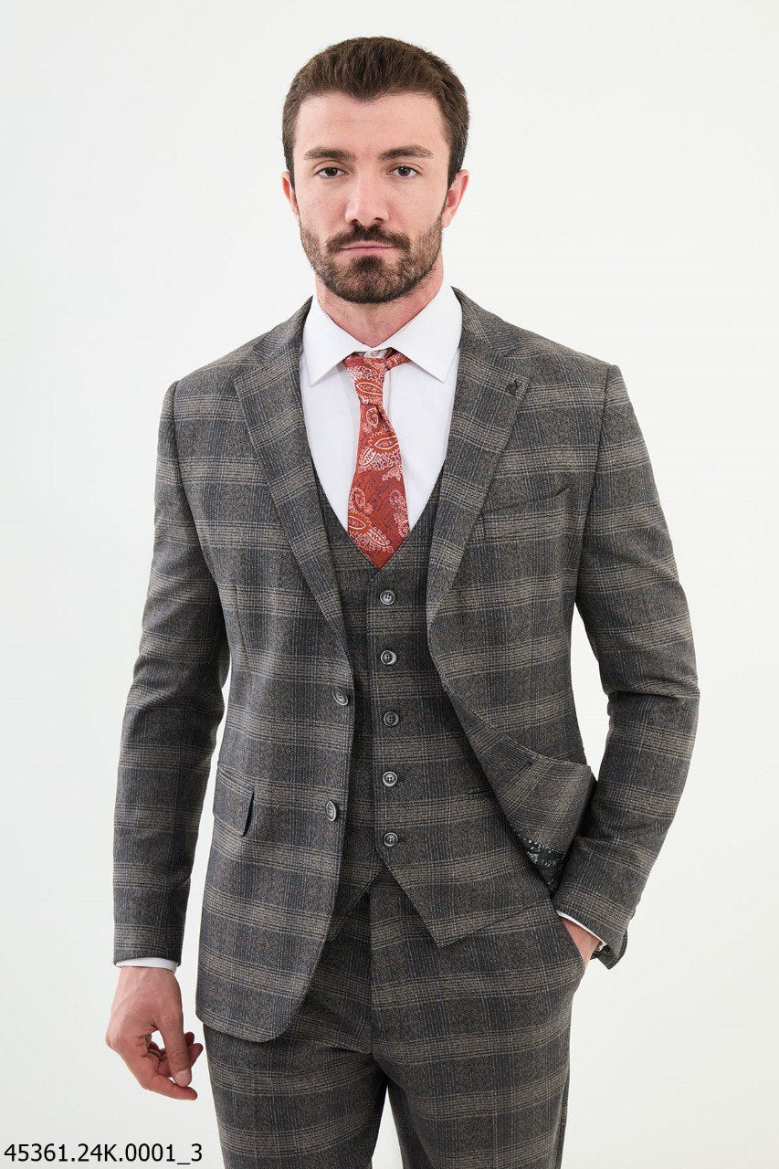 Bojoni Belmonte Dark Beige Plaid  Slim Fit Suit