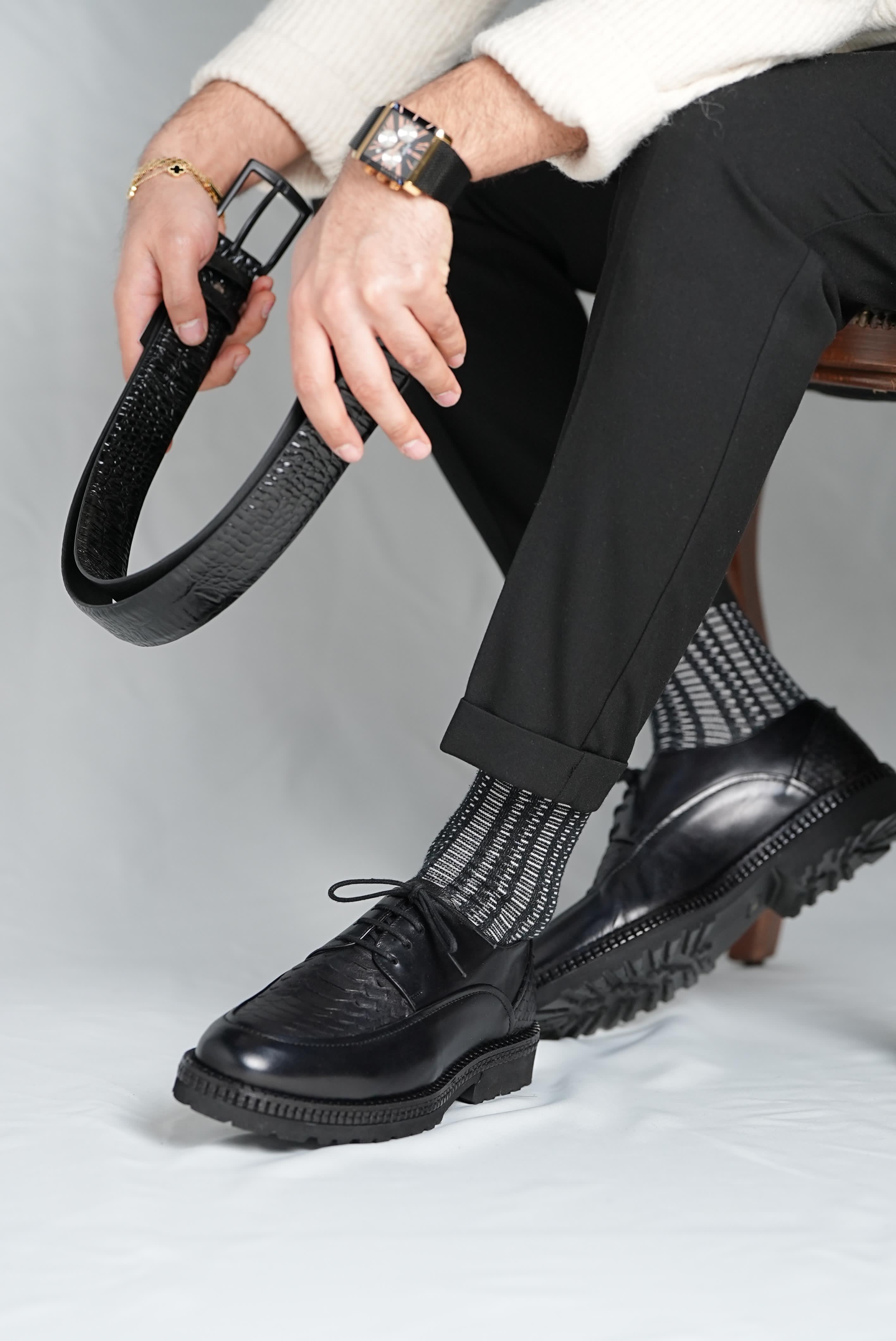 Bojoni Pineto Black Leather Croco Pattern Shoes