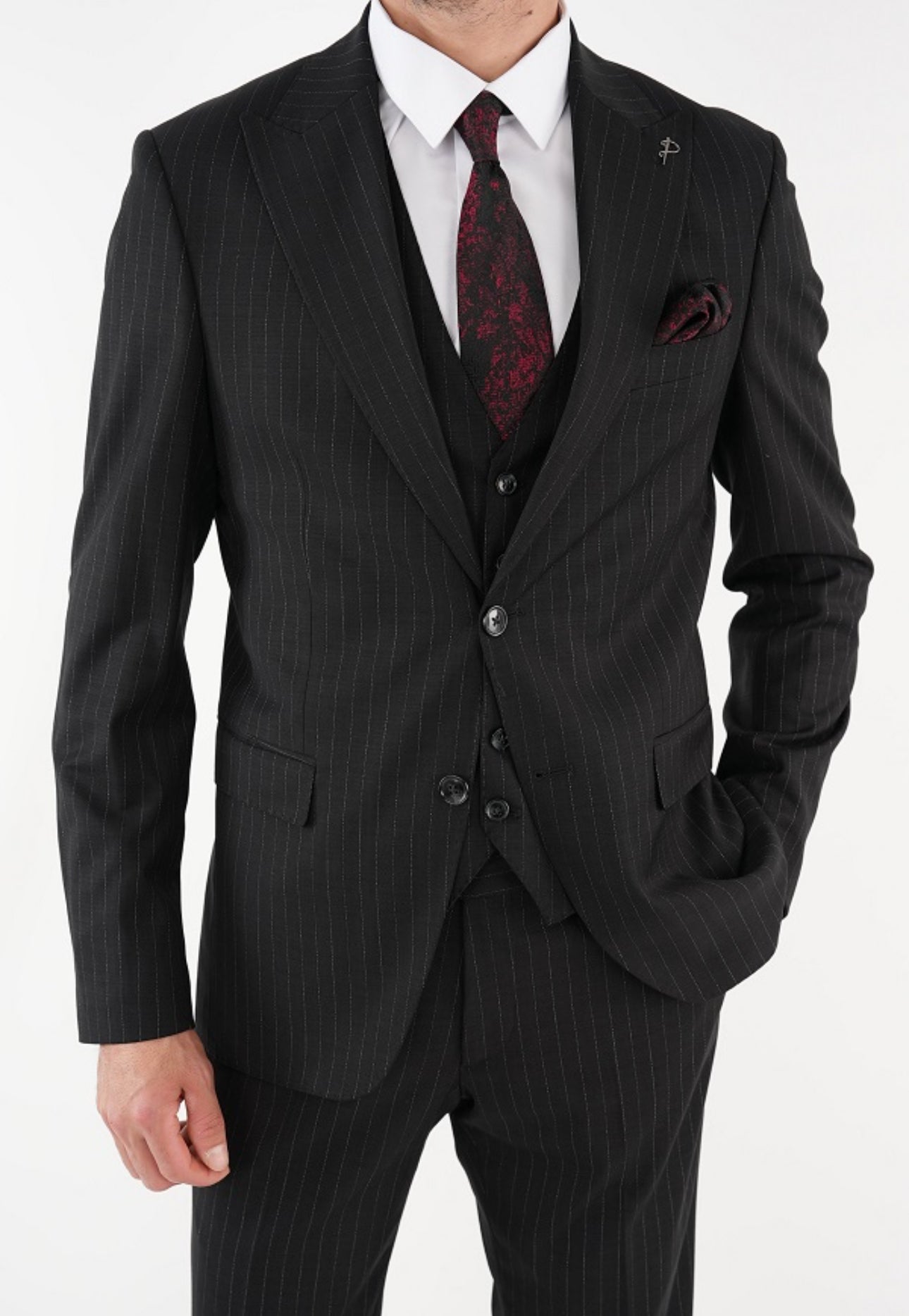Bojoni Manly Black Slim Fit Pinstripe Suit