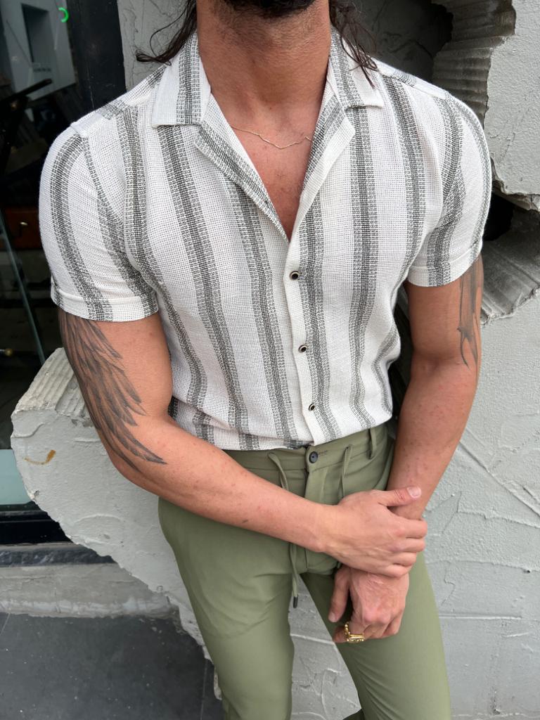 Margi Slim Fit Collared Green  Striped Shirt