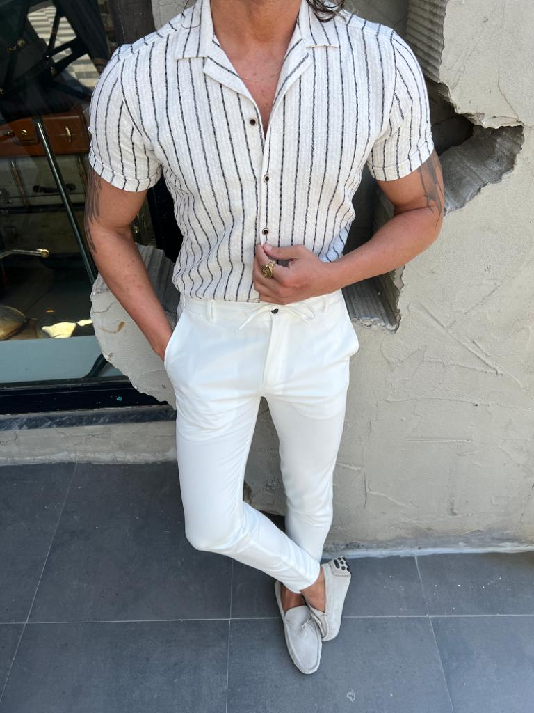 Margi Slim Fit Collared Ecru Striped Shirt