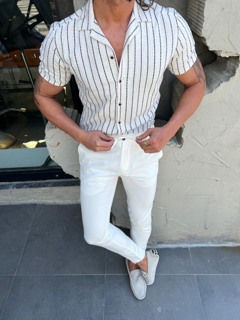 Margi Slim Fit Collared Ecru Striped Shirt