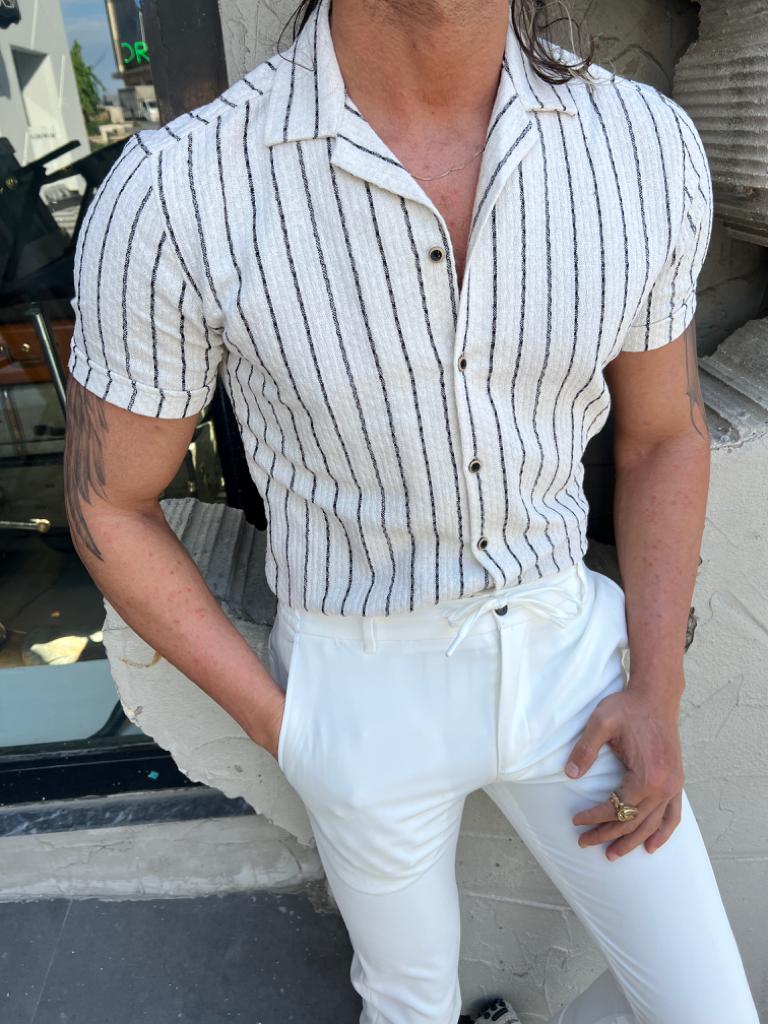 Margi Slim Fit Collared Ecru Striped Shirt