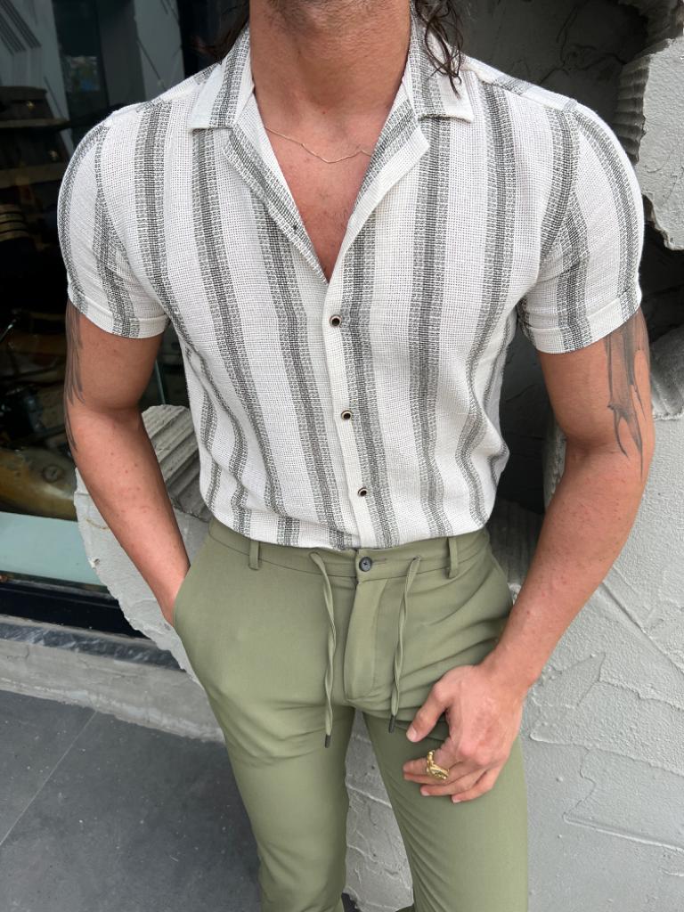 Margi Slim Fit Collared Green  Striped Shirt