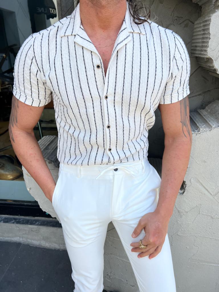 Margi Slim Fit Collared Ecru Striped Shirt