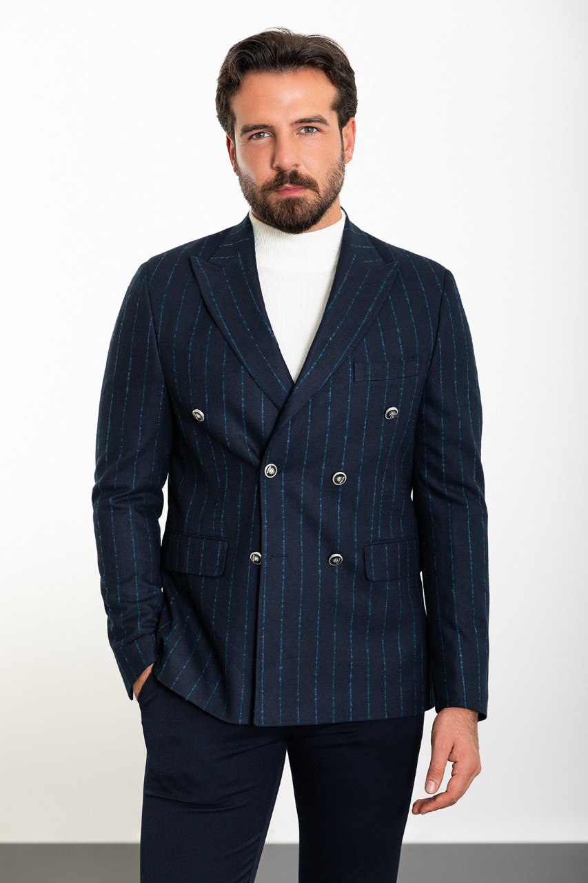 Bojoni Torretta Slim Fit Navy Double Breasted Striped Blazer