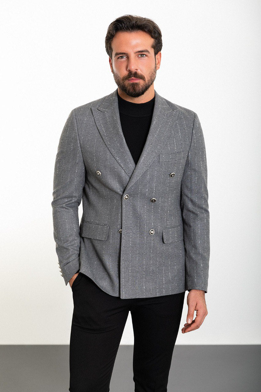 Bojoni Torretta Slim Fit Grey Double Breasted Striped Blazer