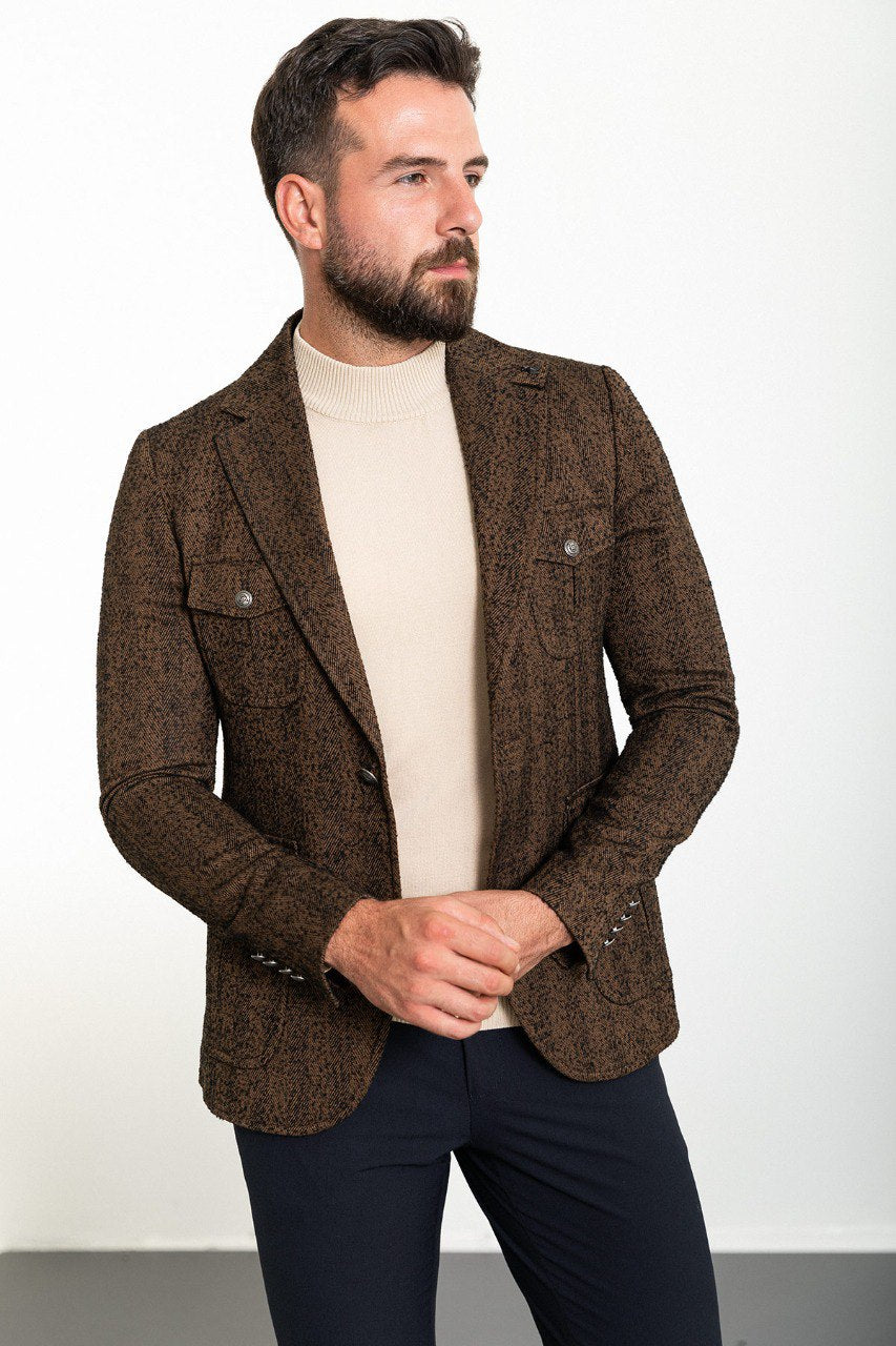 Bojoni Torretta Slim Fit Brown Patterned Blazer