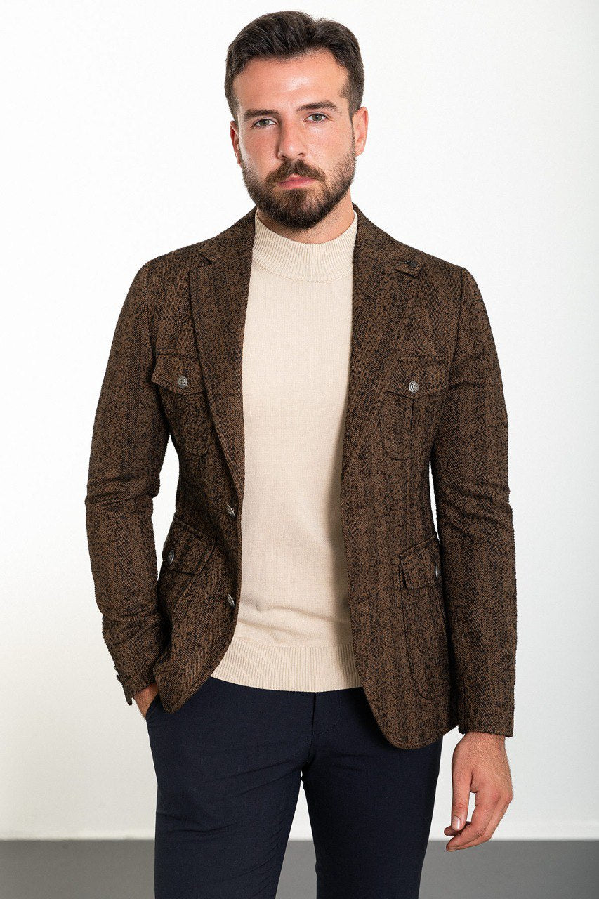 Bojoni Torretta Slim Fit Brown Patterned Blazer