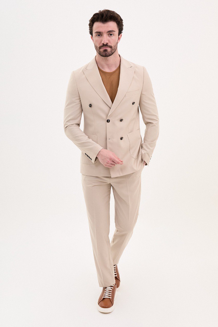Bojoni Pezza Slim Fit Beige Double Breasted Blazer
