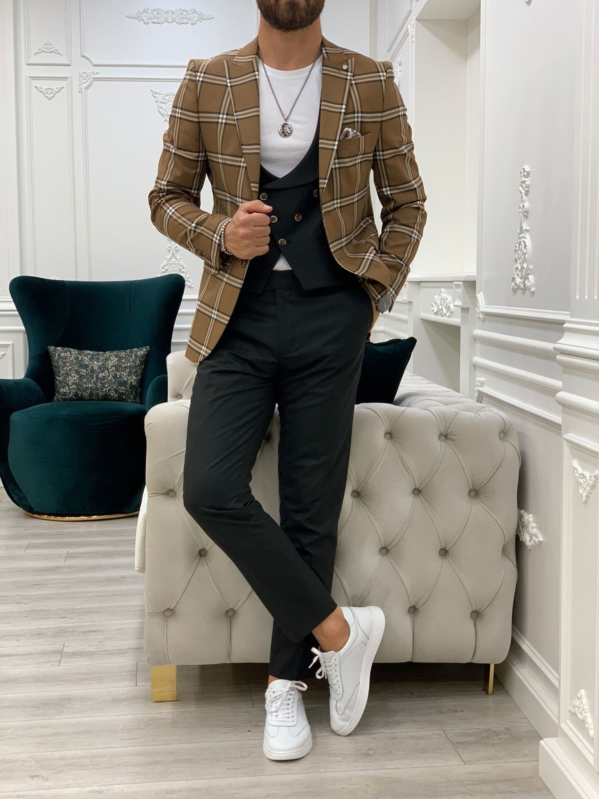 Areni Brown Plaid Slim Fit Suit-baagr.myshopify.com-1-BOJONI