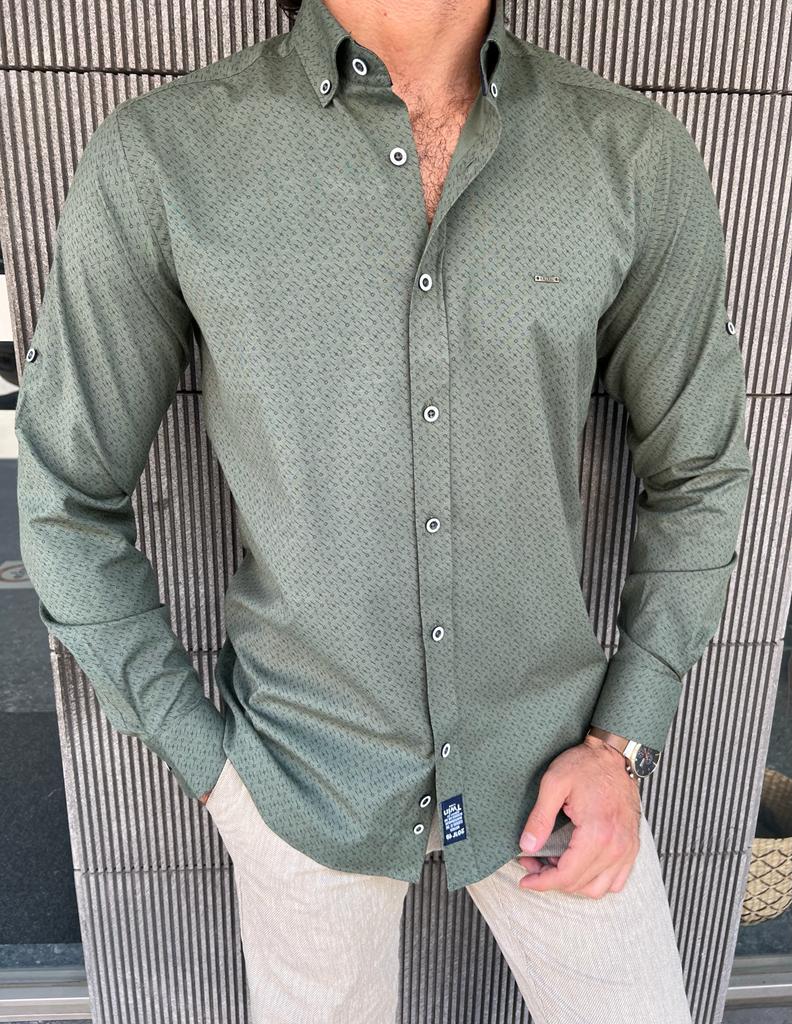 Giovanni Mannelli Slim Fit Khaki Patterned Shirt