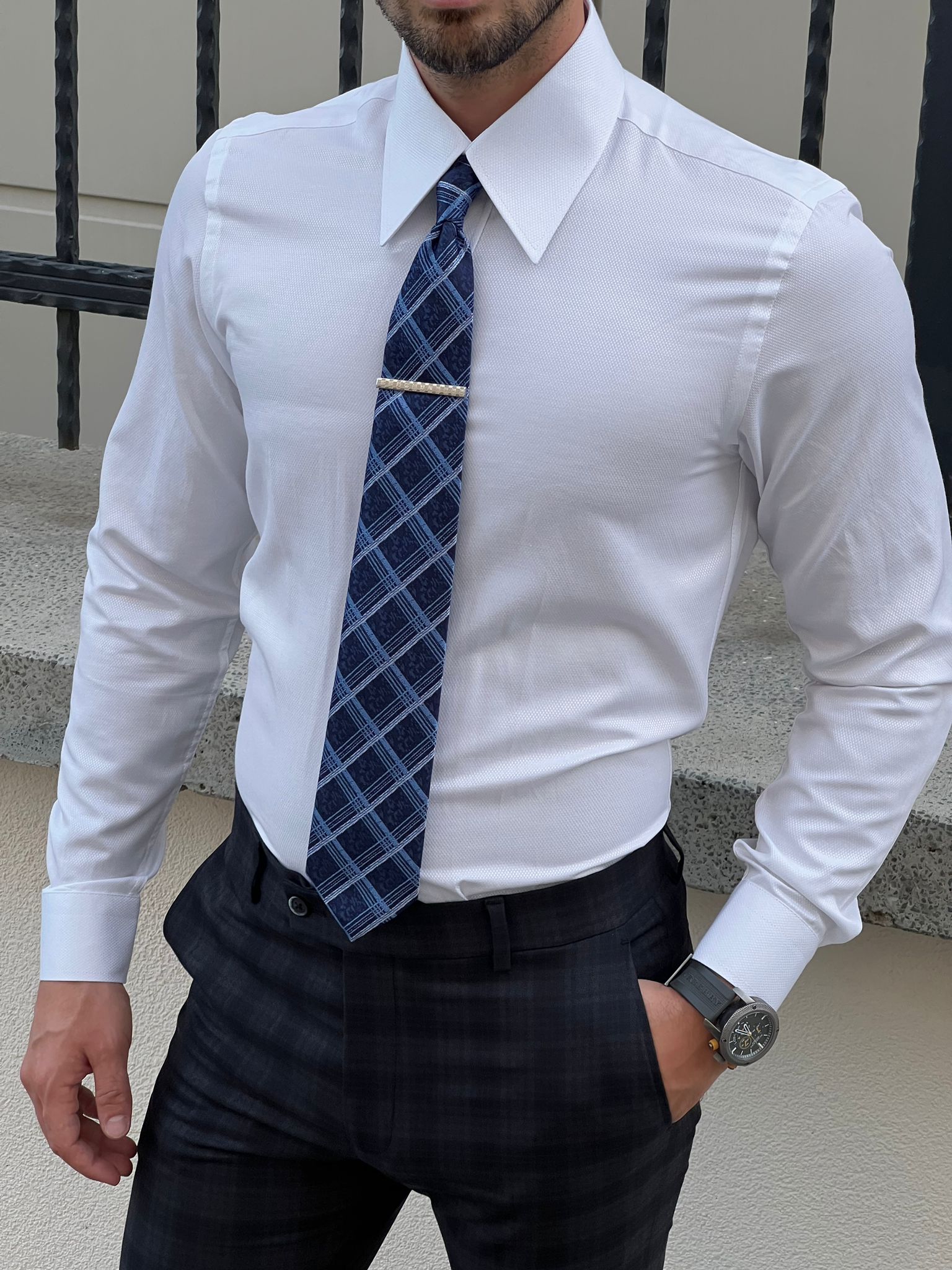 Bojoni Astoria Slim Fit Pointed Collared White Cotton Shirt