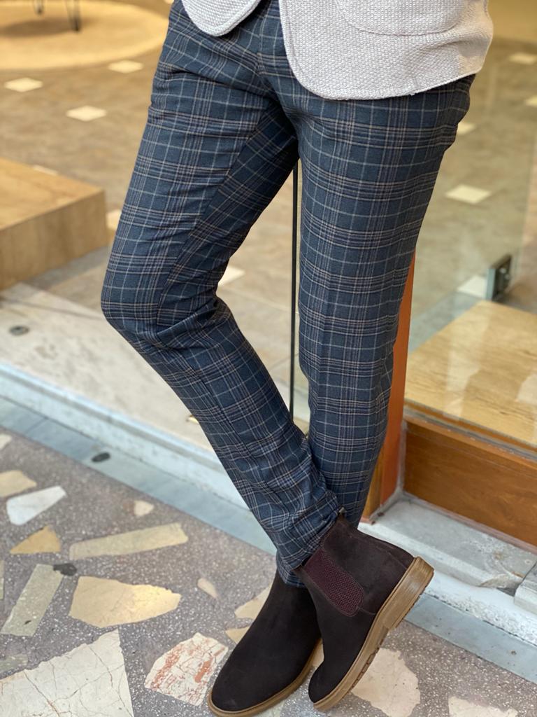 Frezo Dark Blue Slim Fit Plaid Wool Pants-baagr.myshopify.com-Pants-BOJONI