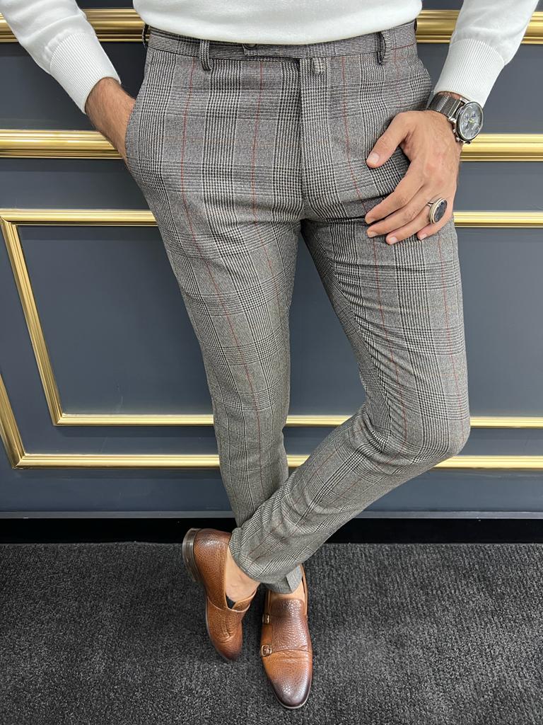Bojoni Astoria Gray Burgundy Slim Fit Plaid Pants