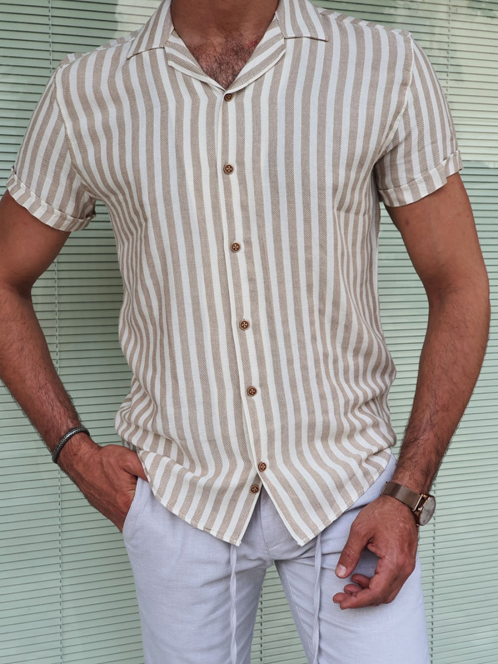Capani Ecru Slim Fit Striped  Collar Shirt-baagr.myshopify.com-Shirt-BOJONI