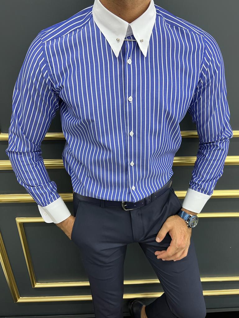 Bojoni Uluwatu Slim Fit Italian Collar Striped Blue Shirt