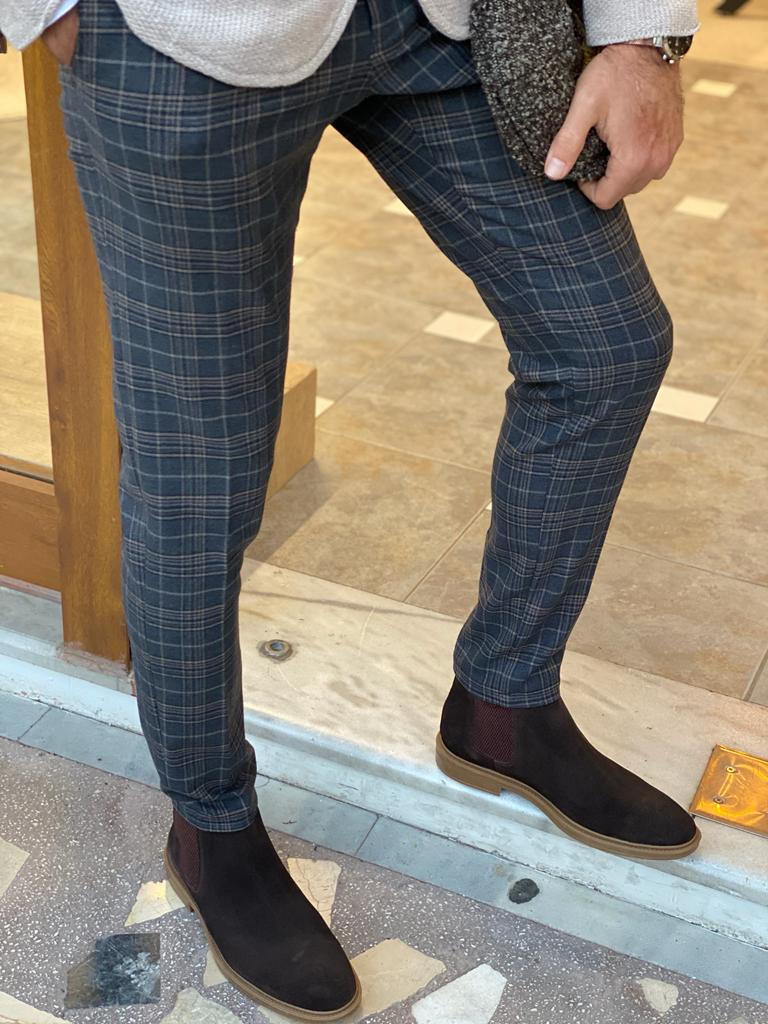 Frezo Dark Blue Slim Fit Plaid Wool Pants-baagr.myshopify.com-Pants-BOJONI