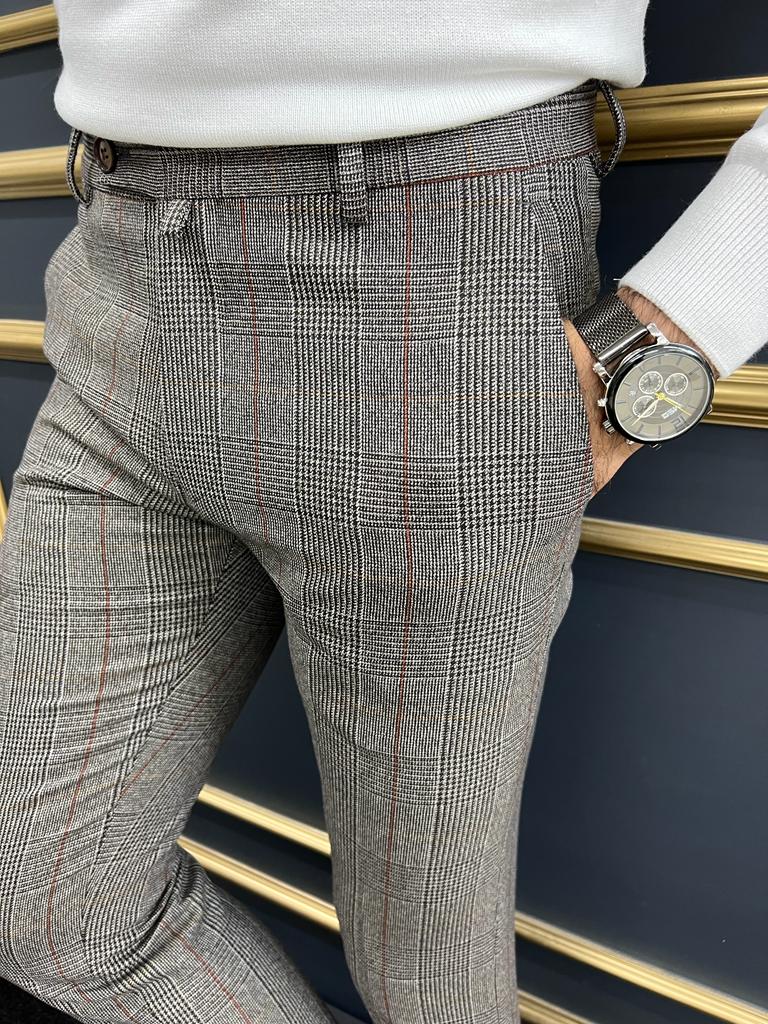 Bojoni Astoria Gray Burgundy Slim Fit Plaid Pants