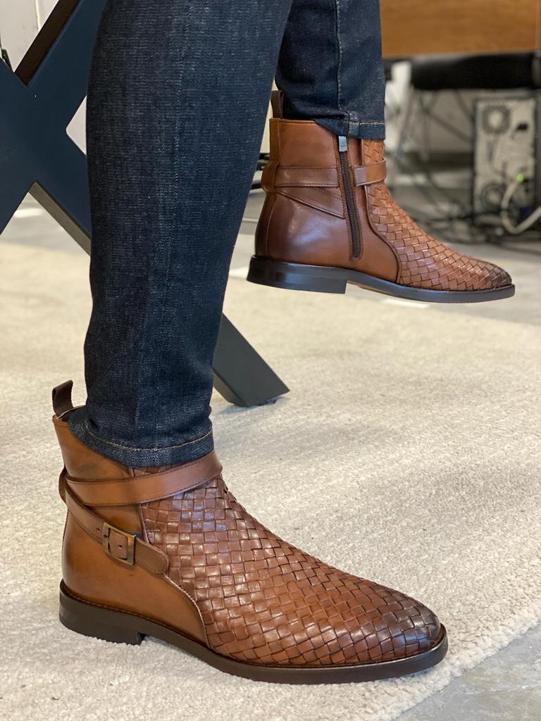 Bojoni Lorentti Brown Woven Leather Buckle Chelsea Boots-baagr.myshopify.com-shoes2-BOJONI