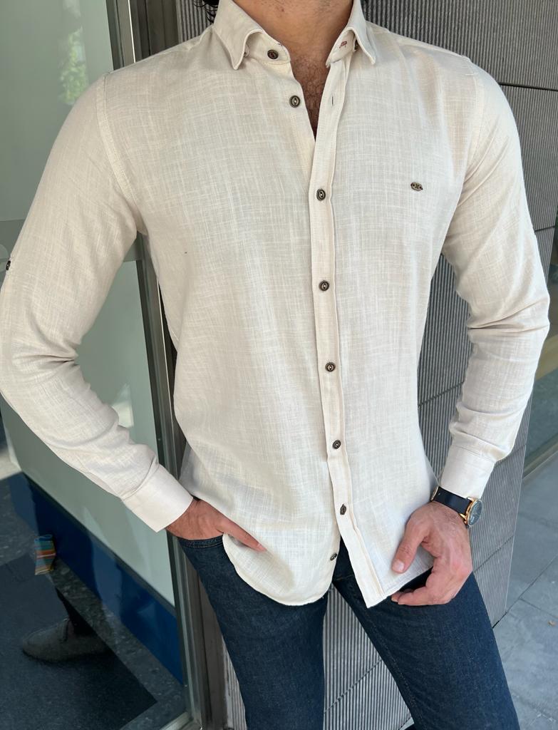 Giovanni Mannelli Slim Fit Beige Cotton Shirt