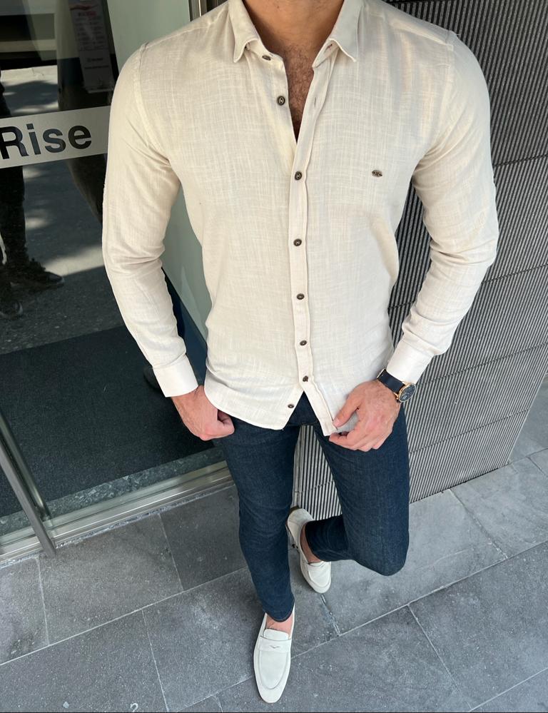 Giovanni Mannelli Slim Fit Beige Cotton Shirt