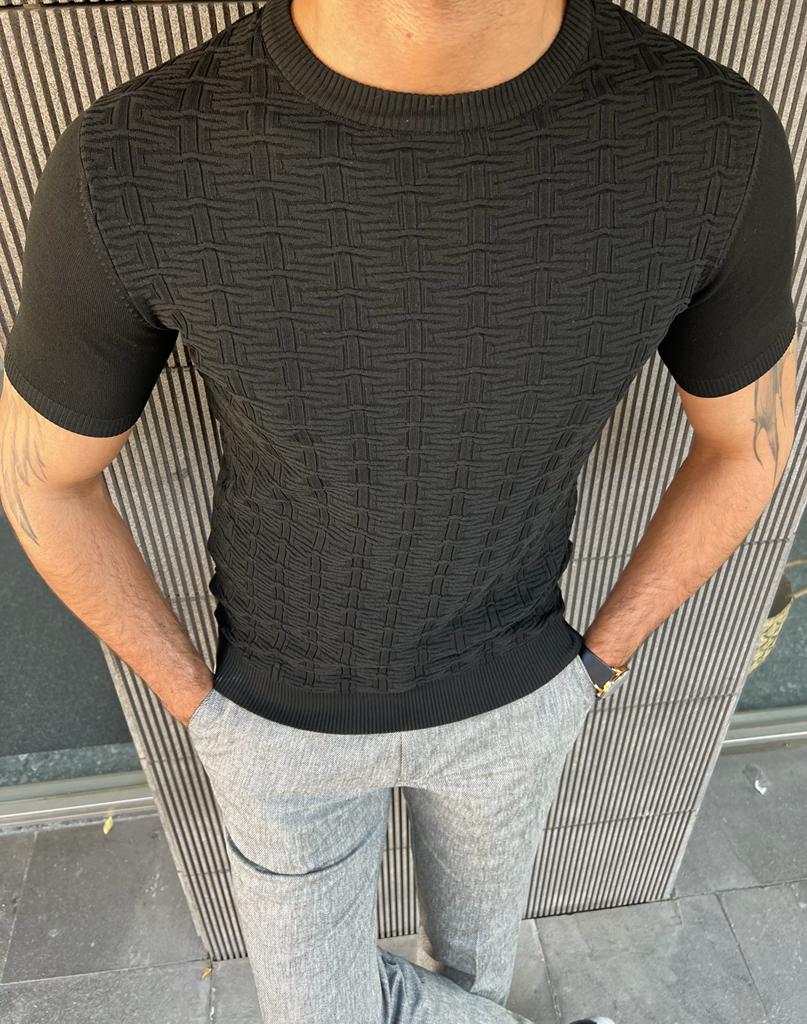 Giovanni Mannelli Slim Fit Plaid Black Knit Tees