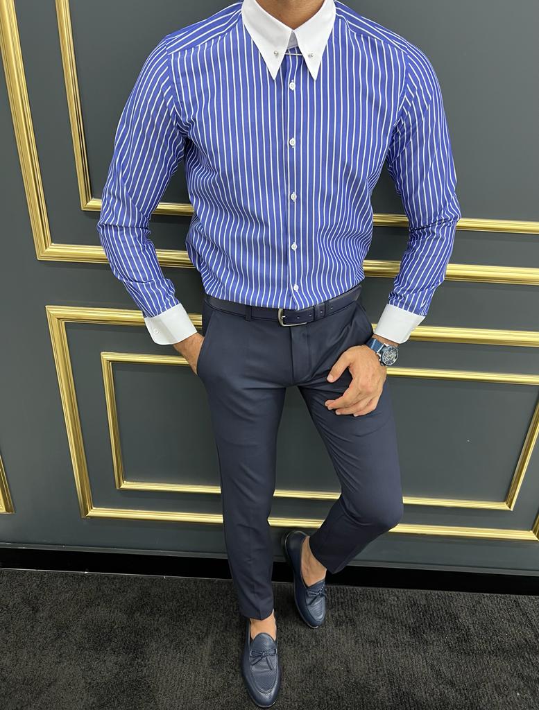 Bojoni Uluwatu Slim Fit Italian Collar Striped Blue Shirt