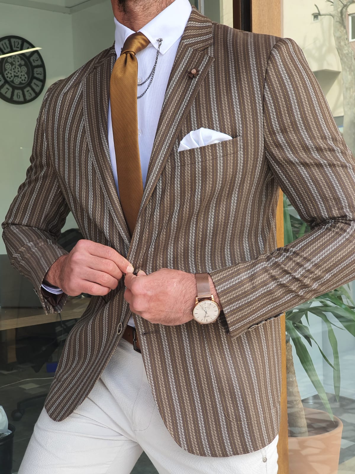 Larna Brown Slim Fit Striped Blazer-baagr.myshopify.com-blazers-BOJONI