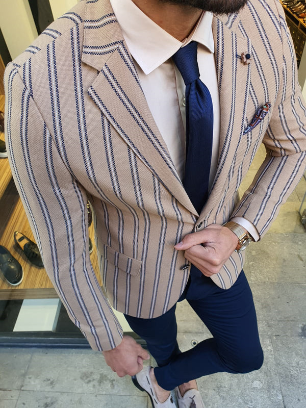 Richbaum Beige Slim Fit Striped Blazer-baagr.myshopify.com-blazers-BOJONI
