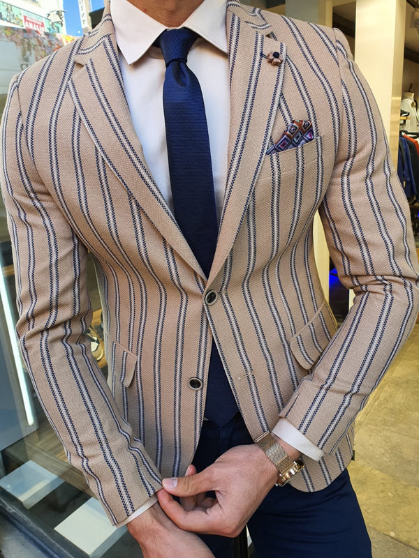 Richbaum Beige Slim Fit Striped Blazer-baagr.myshopify.com-blazers-BOJONI
