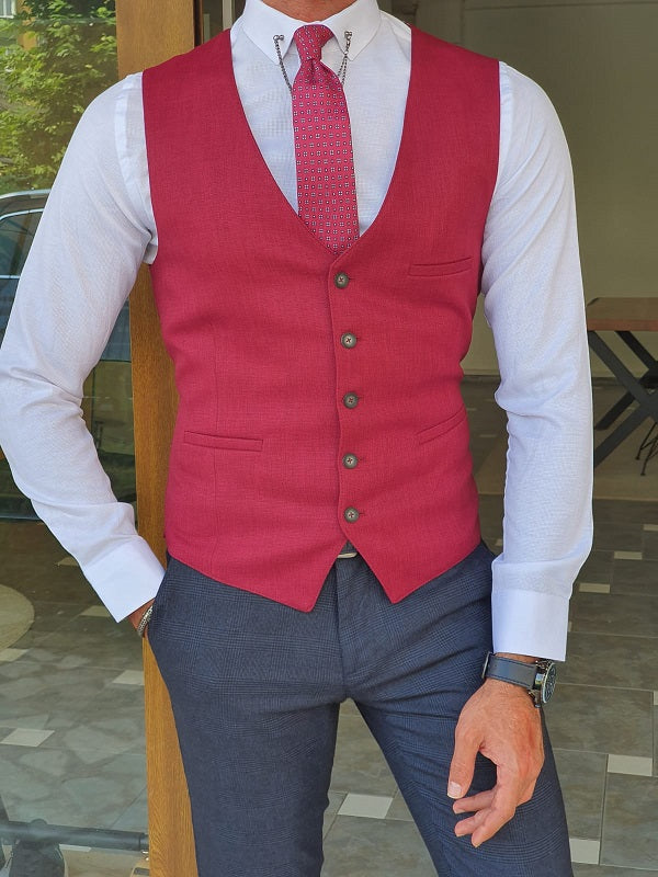 Red Slim Fit Linen Vest-baagr.myshopify.com-suit-BOJONI