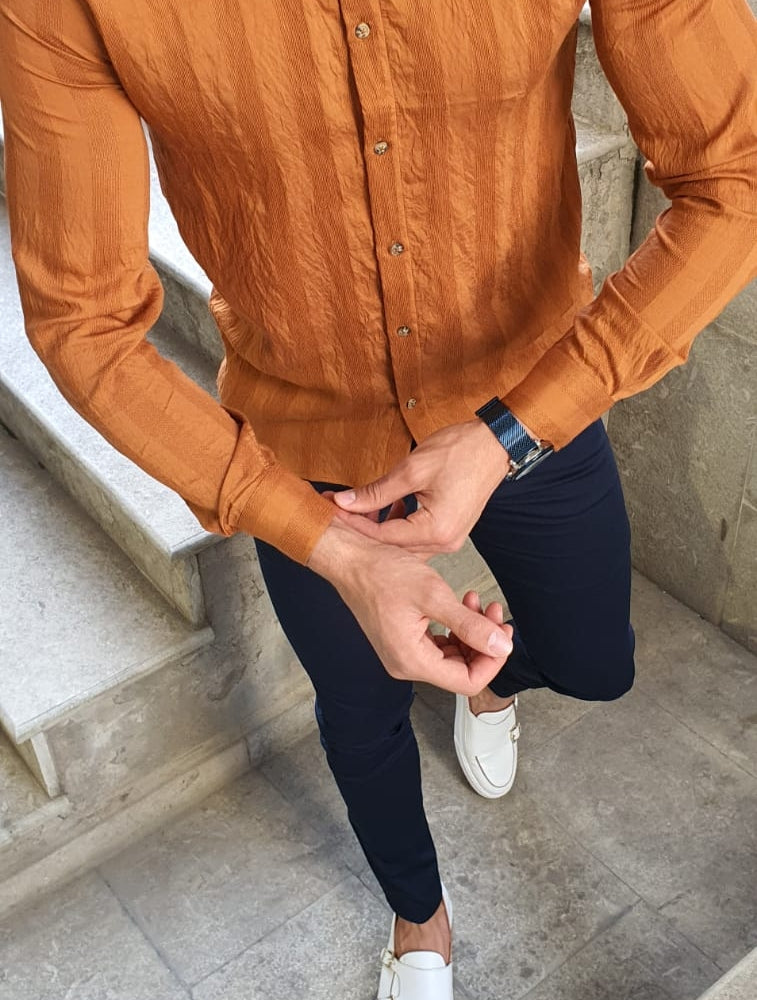 Lansing Camel Slim Fit Striped Cotton Shirt-baagr.myshopify.com-Shirt-BOJONI