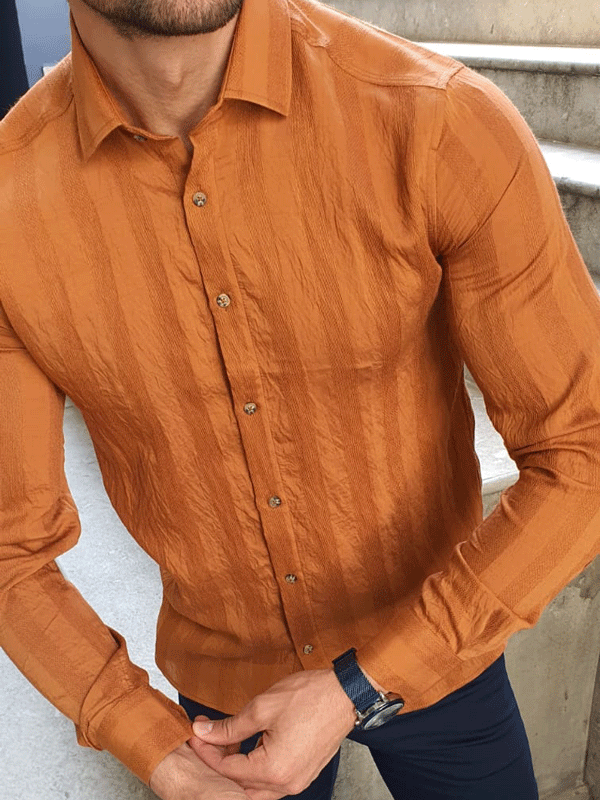 Lansing Camel Slim Fit Striped Cotton Shirt-baagr.myshopify.com-Shirt-BOJONI