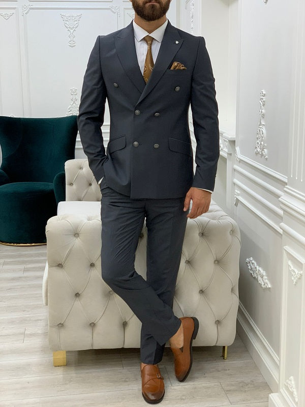 Zar Gray Slim Fit Peak Lapel Double Breasted Suit-baagr.myshopify.com-1-BOJONI