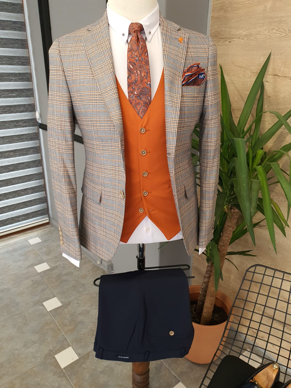 Bari Orange Slim Fit Plaid Suit-baagr.myshopify.com-suit-BOJONI