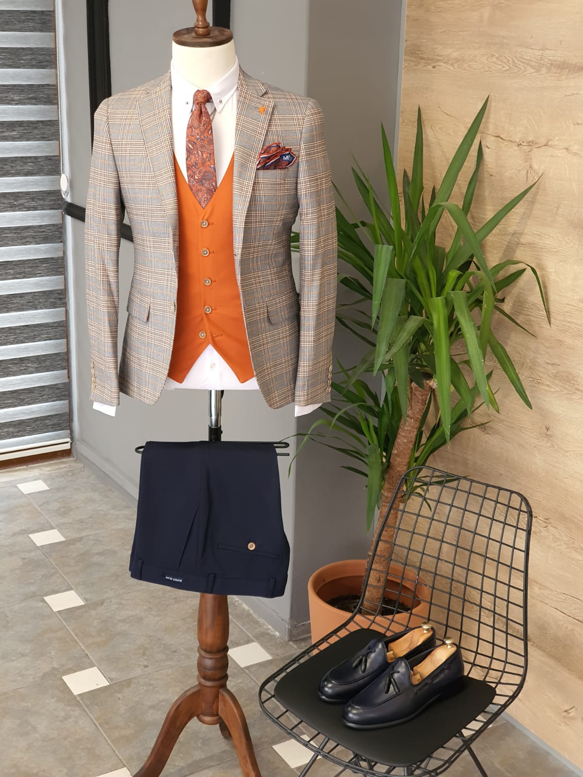 Bari Orange Slim Fit Plaid Suit-baagr.myshopify.com-suit-BOJONI