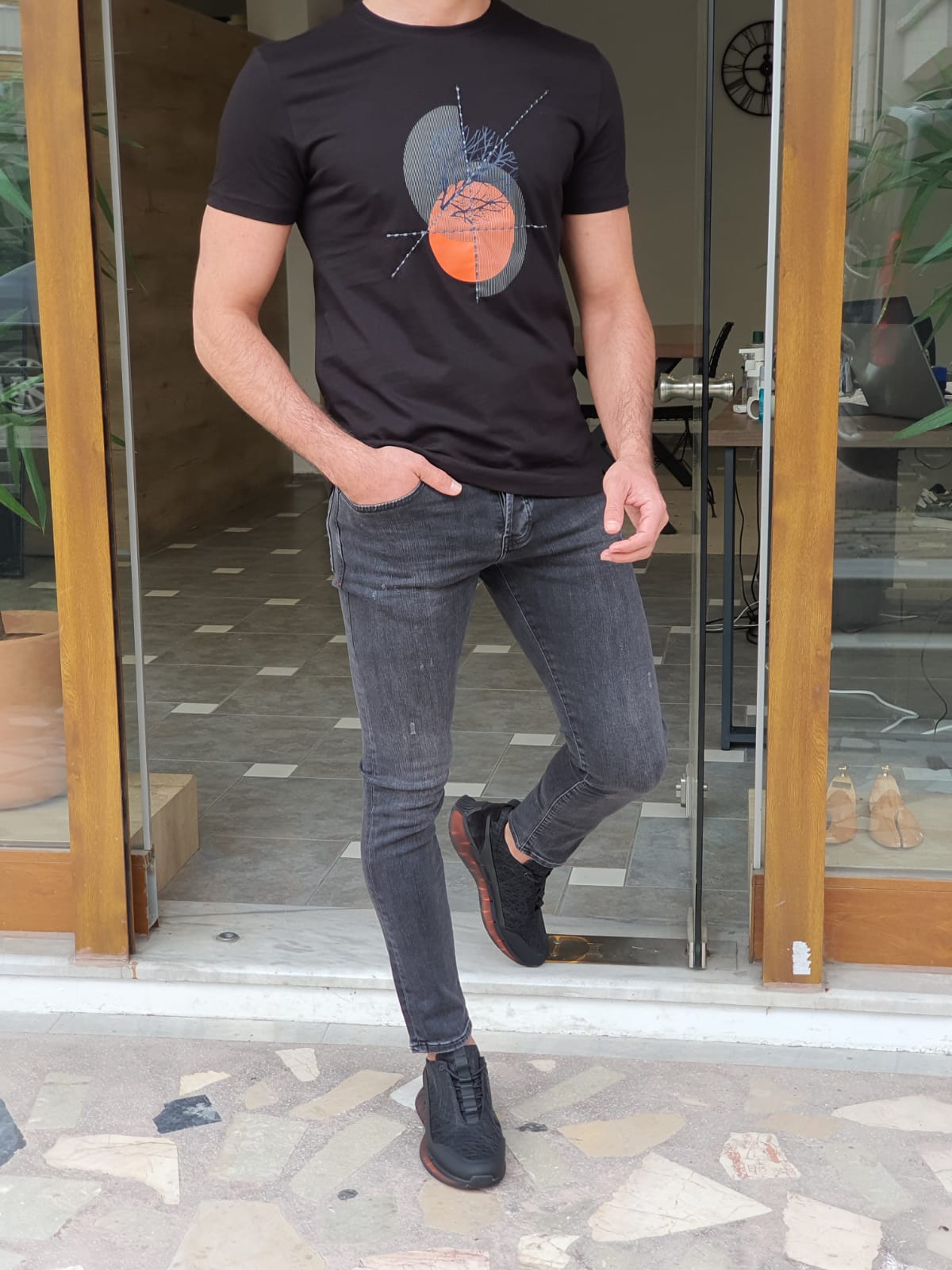 Lerna Black Slim Fit Crew Neck Cotton T-Shirt-baagr.myshopify.com-T-shirt-BOJONI