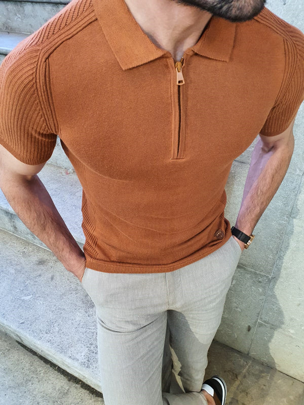 Natisk Brown Slim Fit Collar Neck Zipper Knitwear T-Shirt-baagr.myshopify.com-T-shirt-BOJONI