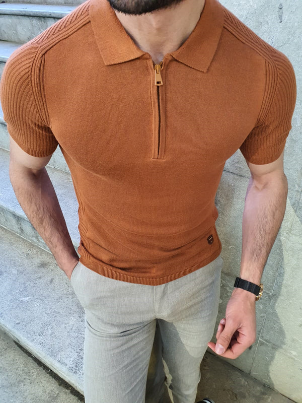Natisk Brown Slim Fit Collar Neck Zipper Knitwear T-Shirt-baagr.myshopify.com-T-shirt-BOJONI
