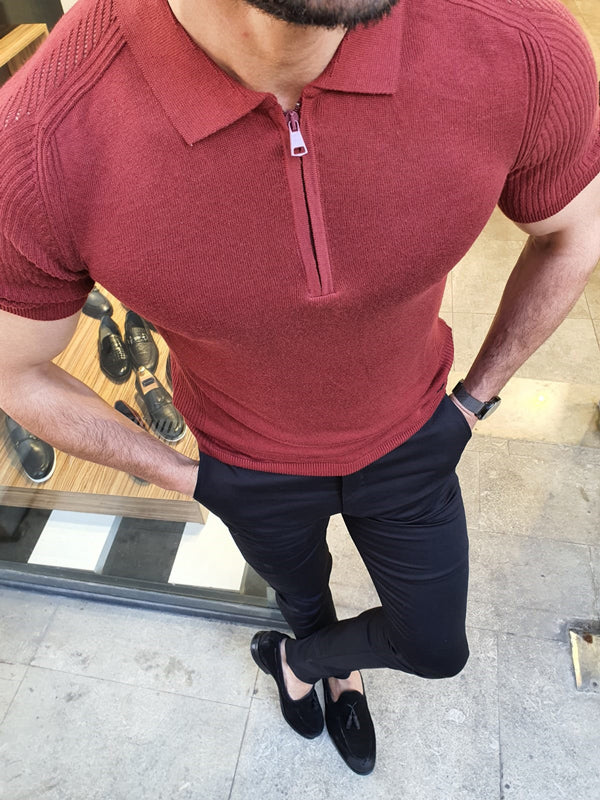Rawlins Claret Red Slim Fit Collar Neck Zipper Knitwear T-Shirt-baagr.myshopify.com-T-shirt-BOJONI